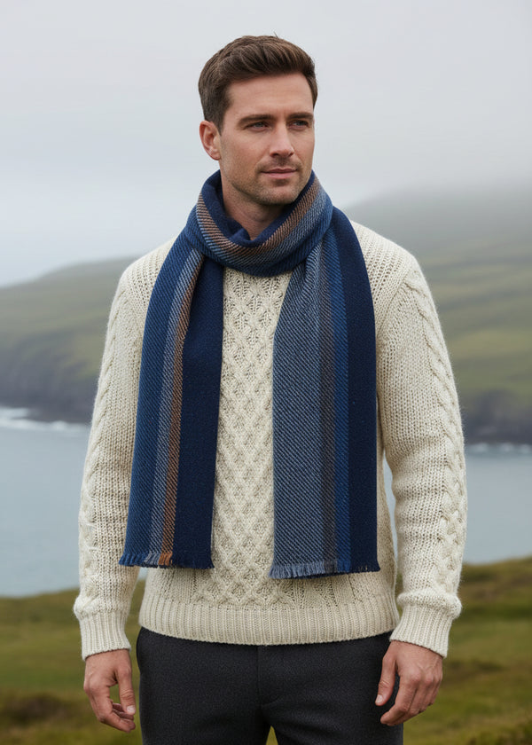 Mucros Donegal Wool Scarf | Denim Blue Herringbone | Made in Ireland