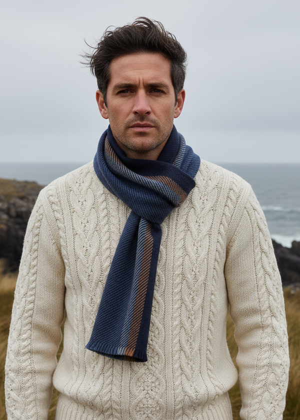 Mucros Donegal Wool Scarf | Denim Blue Herringbone | Made in Ireland