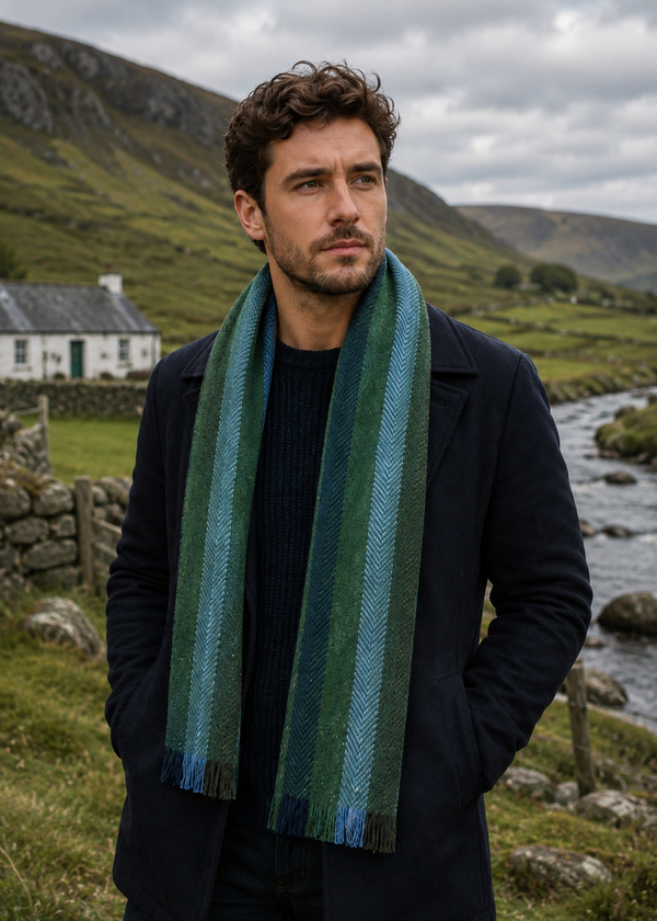 Mucros Donegal Wool Scarf | Green & Blue Stripe Herringbone
