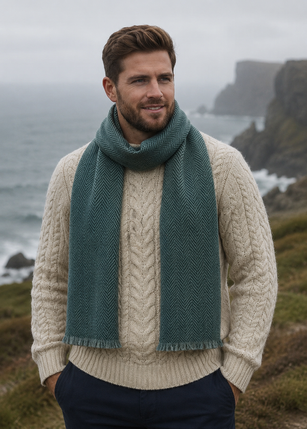 Mucros Donegal Wool Scarf | Green Herringbone | Made in Ireland