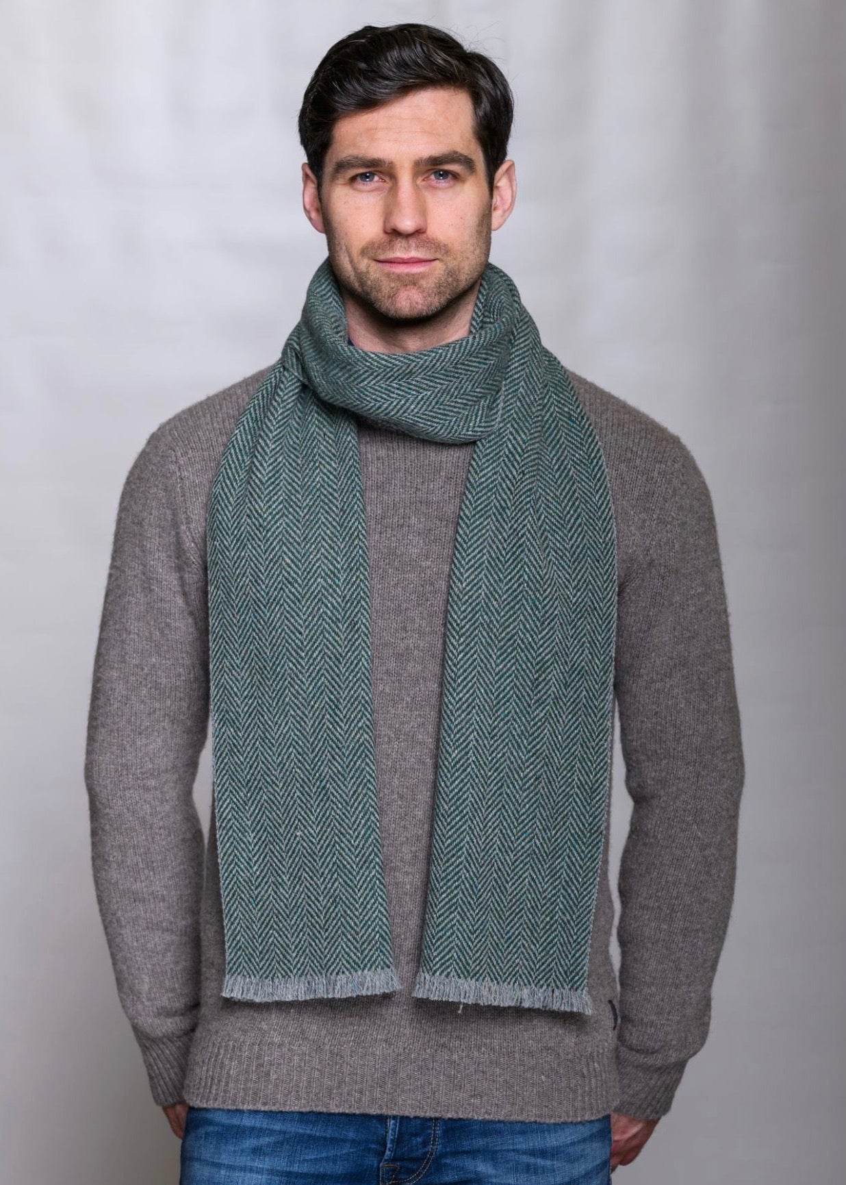 Mucros Donegal Wool Scarf | Green Herringbone | Made in Ireland