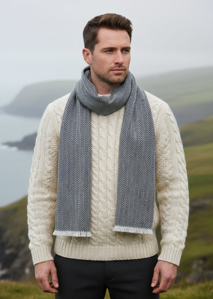 Mucros Donegal Wool Scarf | Grey Herringbone | Made in Ireland