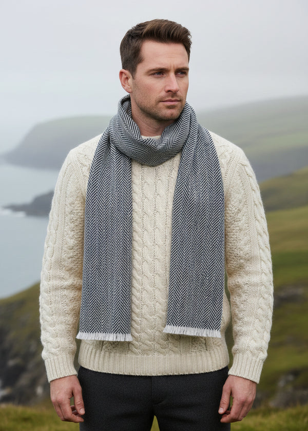 Mucros Donegal Wool Scarf | Grey Herringbone | Made in Ireland