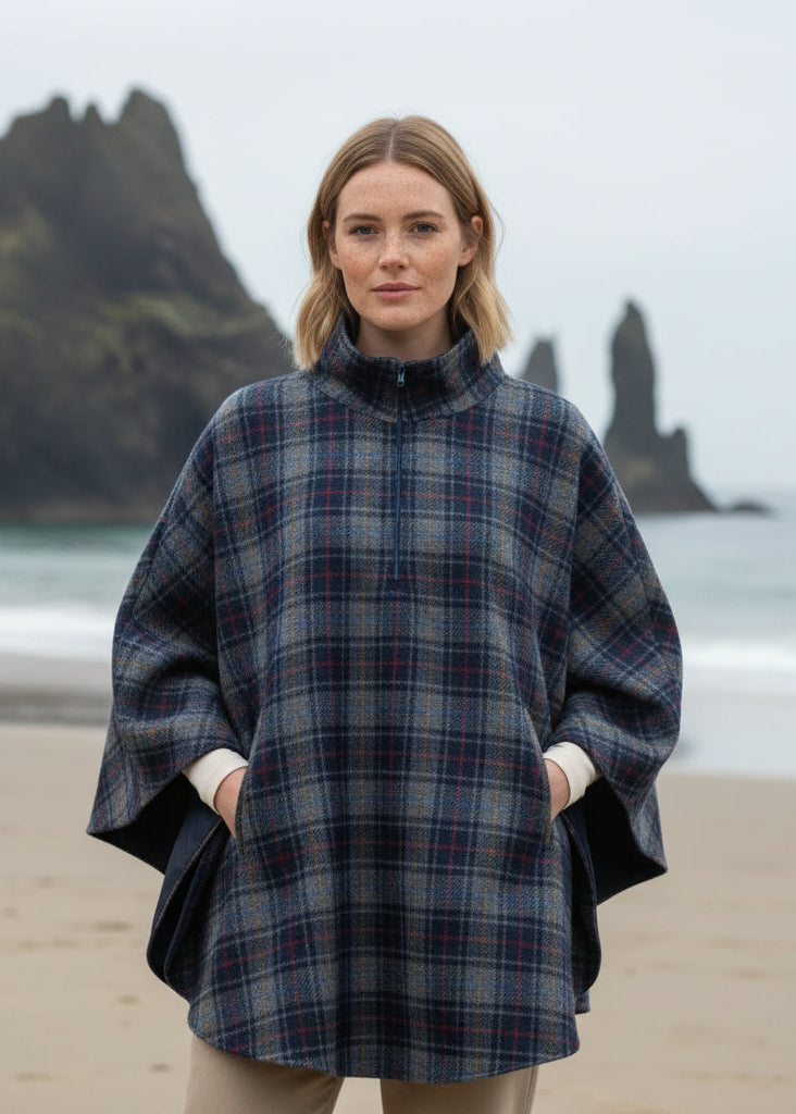 Mucros Half Zip Poncho | Charcoal Check