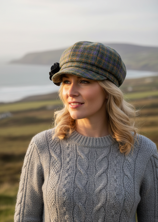Green plaid newsboy cap headshot - angle