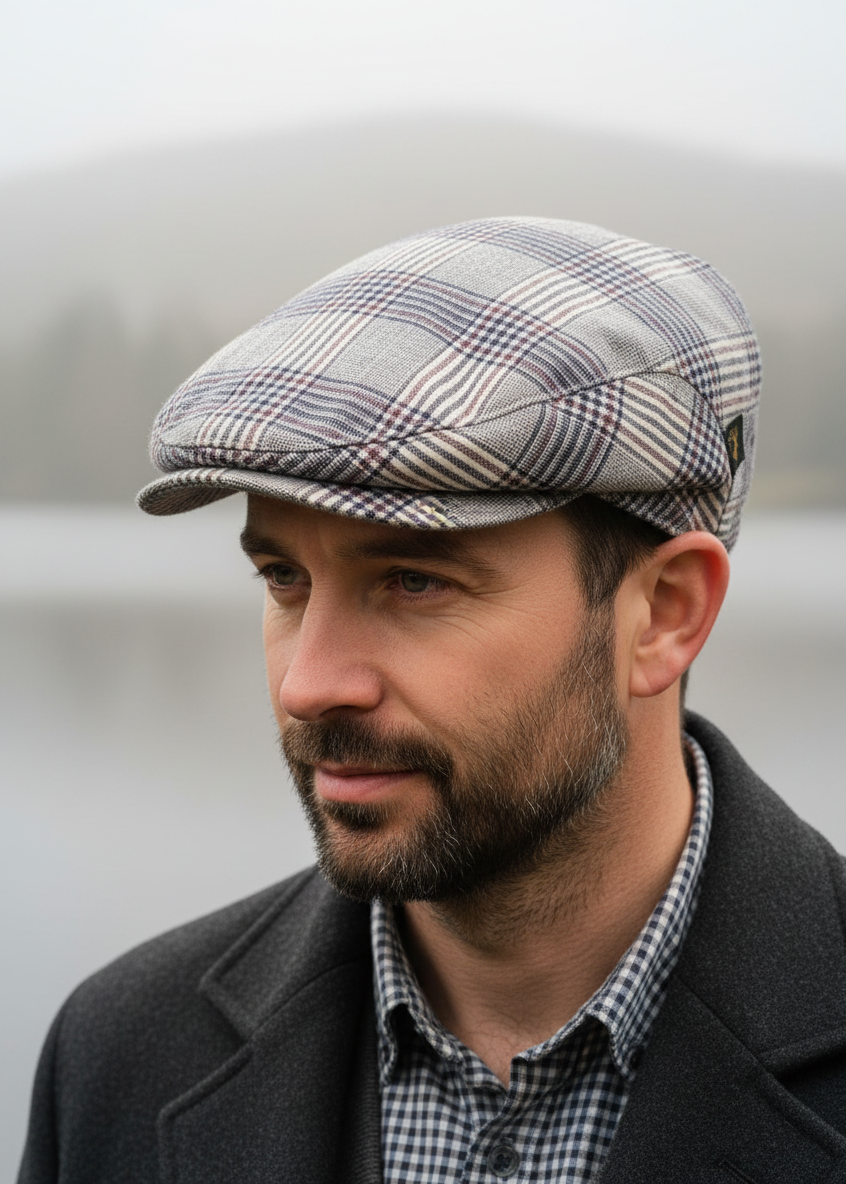 Mucros Blue Linen Check Cap | Premium Flat Cap - Skellig Gift Store