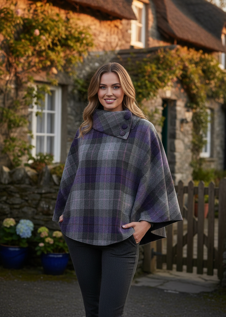 Lifestyle - Mucros Poncho | Charcoal Lavender Stripe | 100% Wool Tweed
