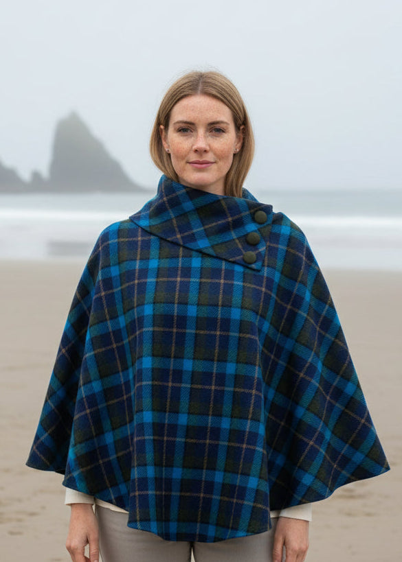 Mucros Poncho | Navy Blue Check