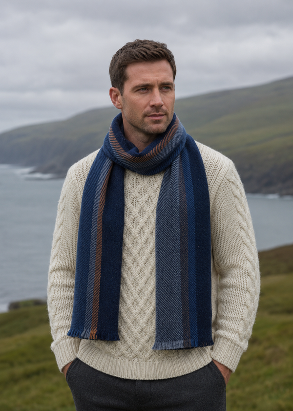 Mucros Donegal Wool Scarf | Denim Blue Herringbone | Made in Ireland
