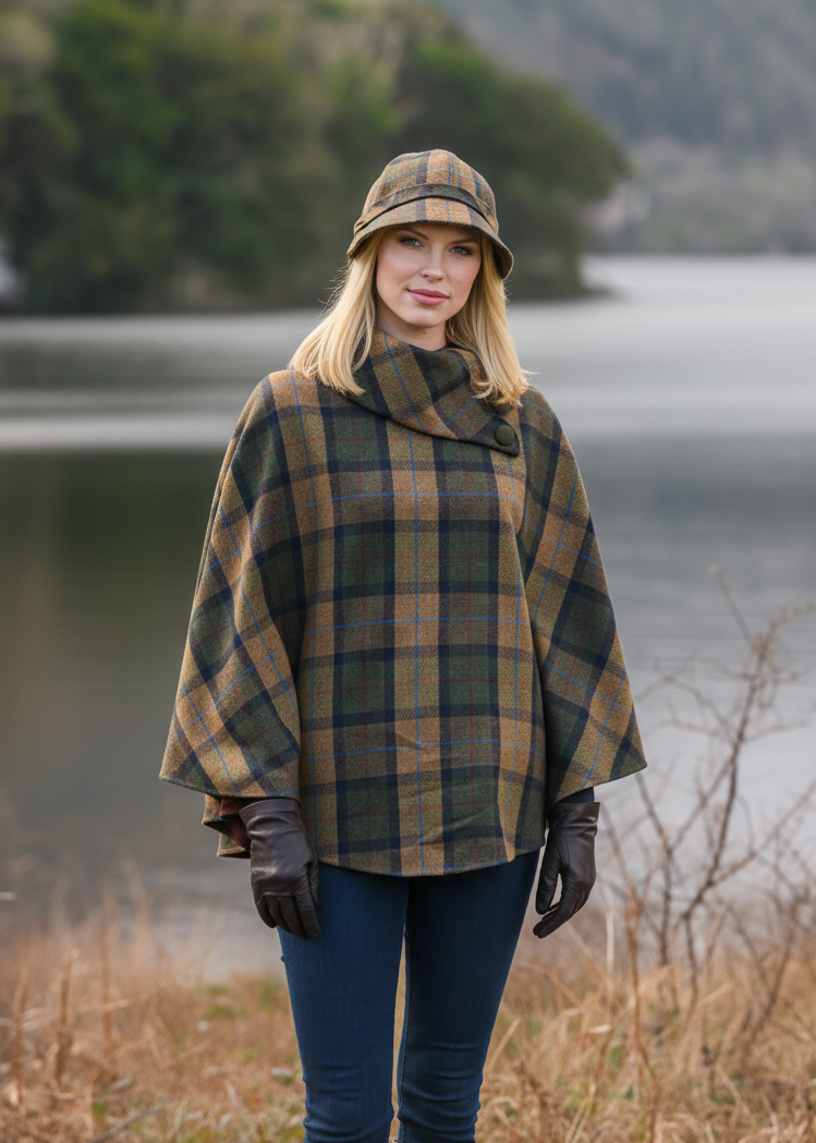 Mucros Wool Tweed Poncho | Moss Check