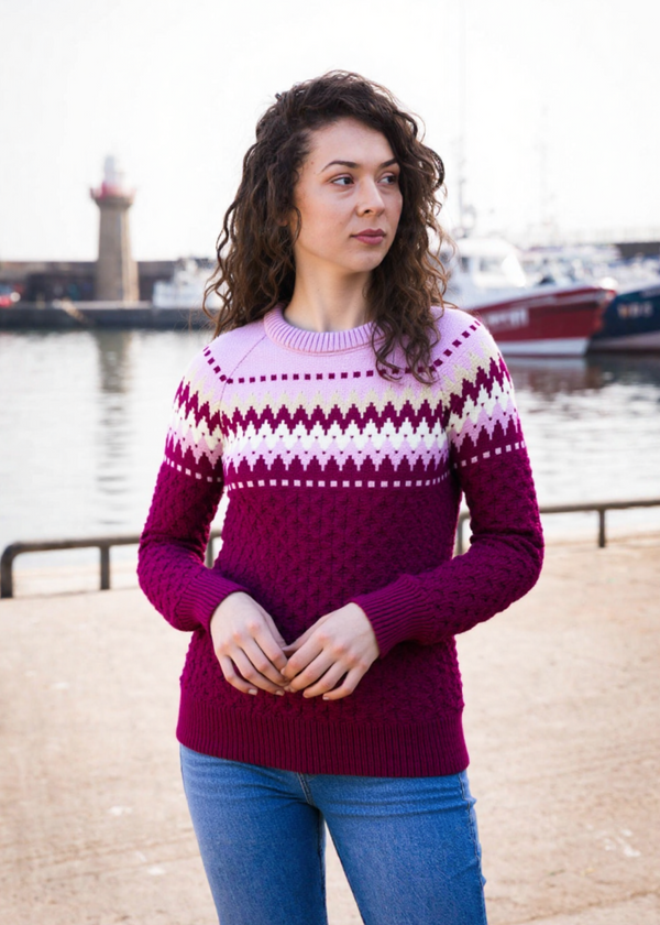 Ladies Slim-Fit Aran Fairisle Sweater | Raspberry Marl