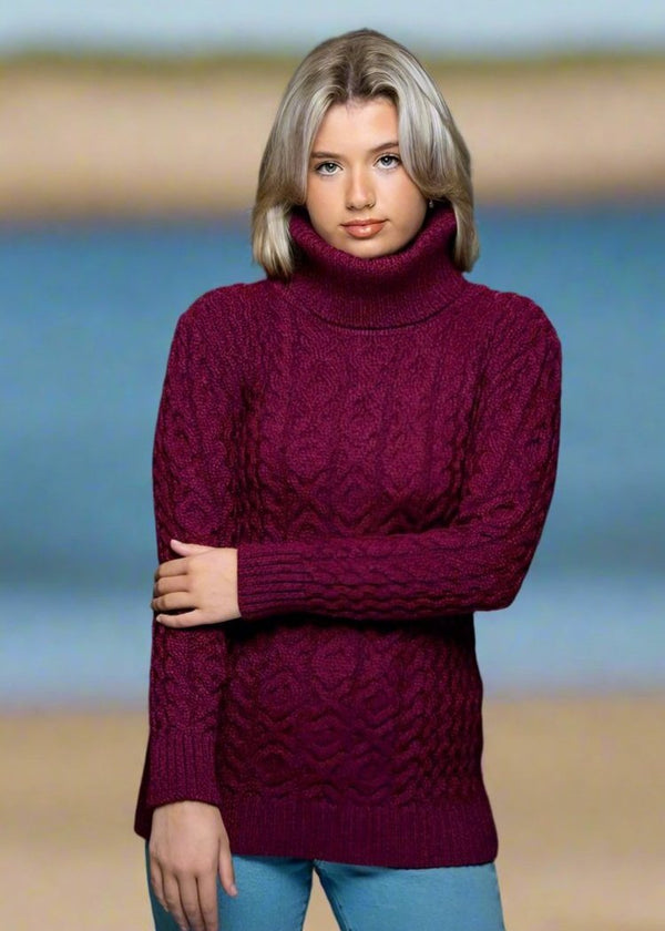 Aran Chunky Cowl Neck Sweater | Raspberry Marl