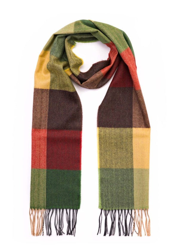 John Hanly Merino Scarf | Yellow Green Brown Block Check