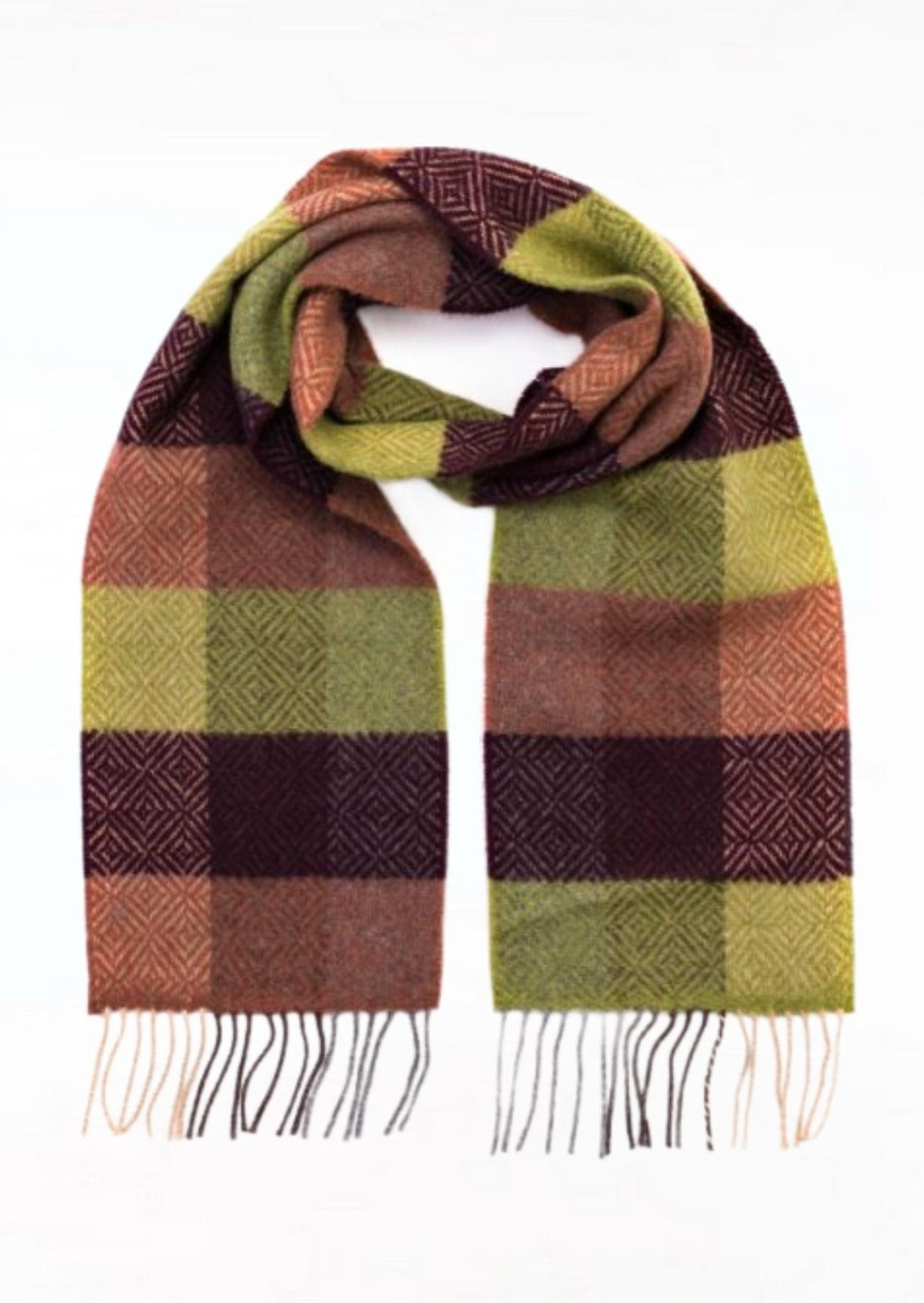 John Hanly Cashmere Green Wine Clay Diamond Check Scarf