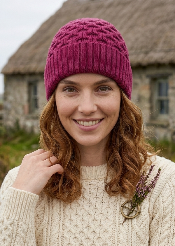 Aran Merino Wool Hat - Raspberry Marl