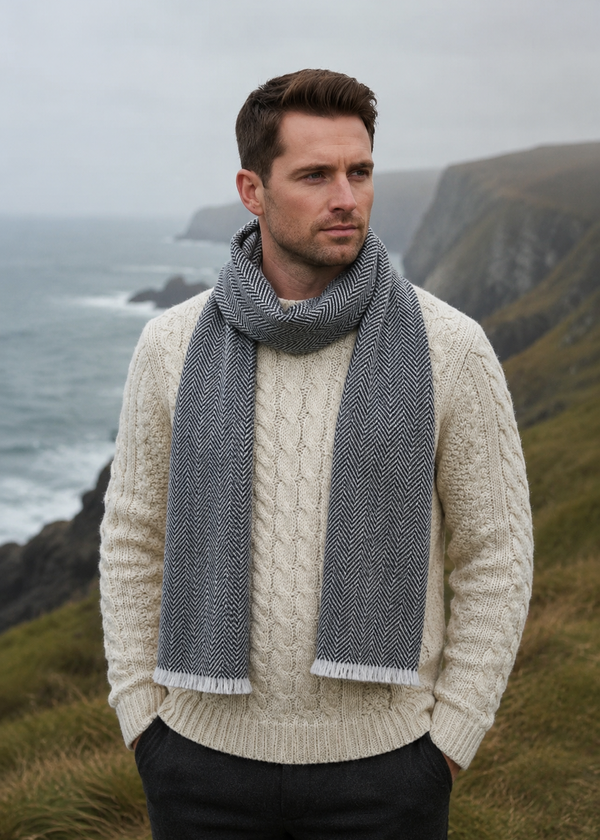 Mucros Donegal Wool Scarf | Grey Herringbone | Made in Ireland