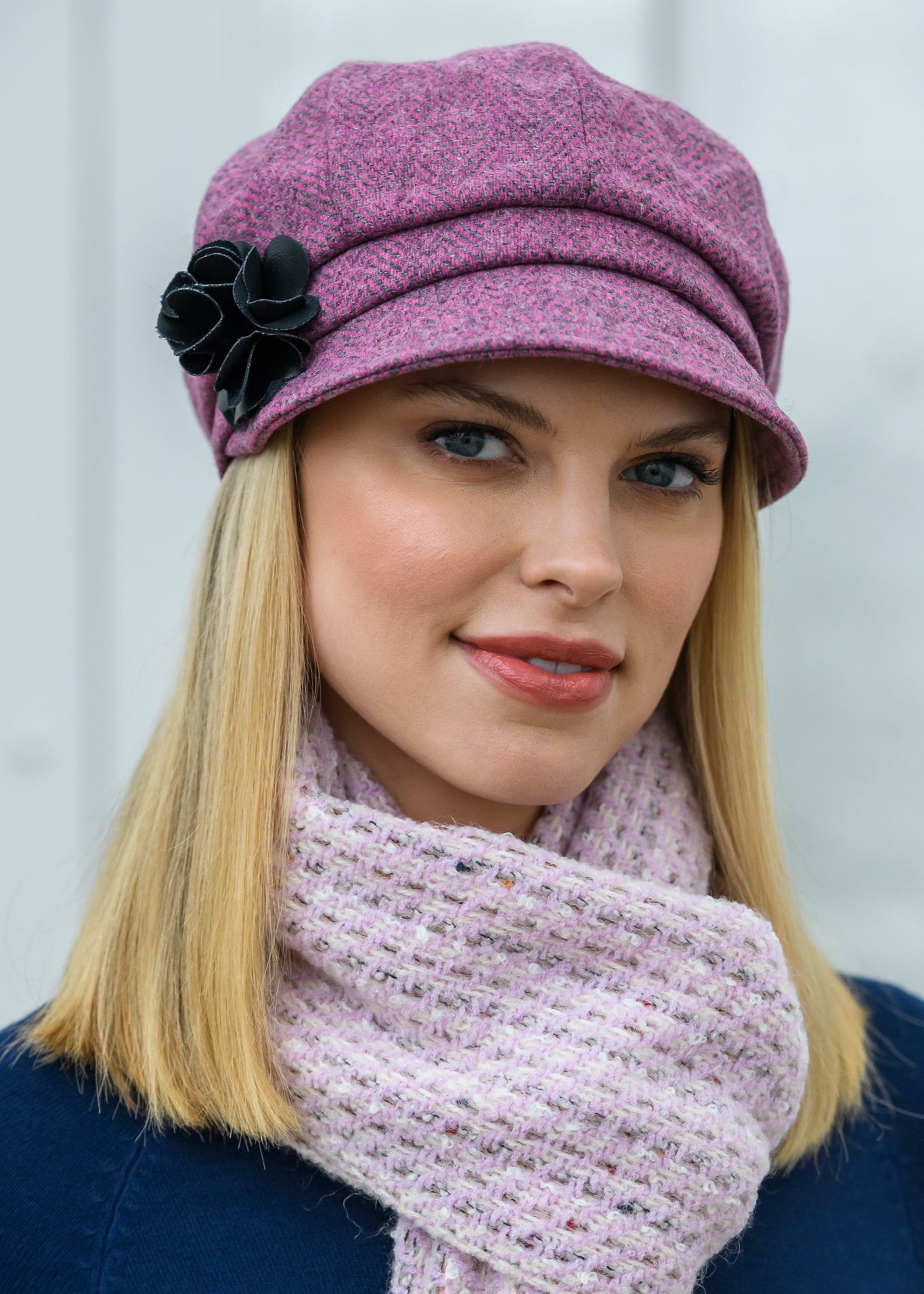 Ladies Pink Tweed Newsboy Cap - Premium Wool Blend
