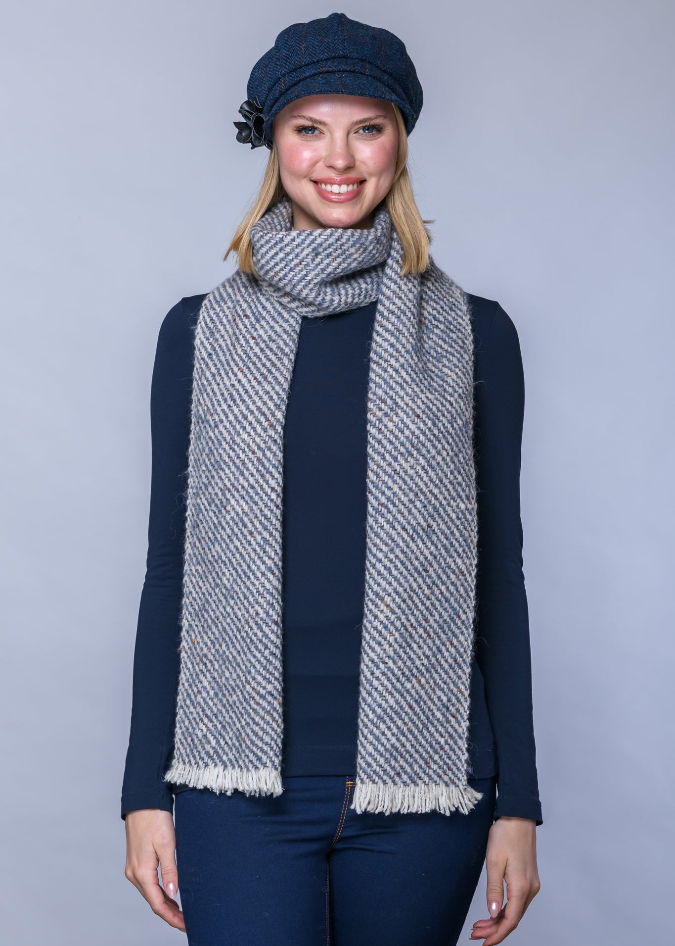 Mucros Aran Scarf | Merino Wool Alpaca Scarf | Denim Mix