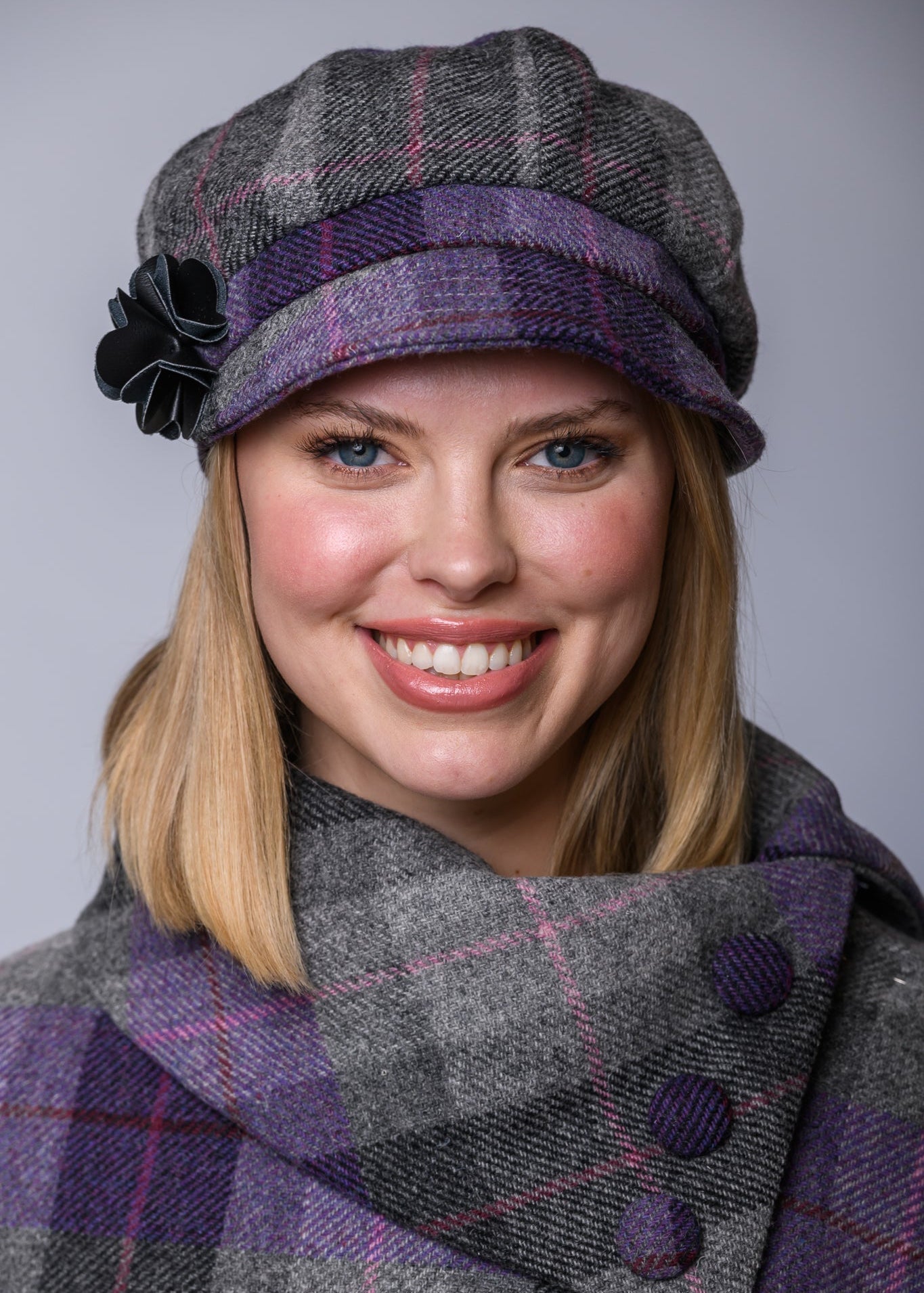 Ladies Mucros Newsboy Cap | Premium Tweed Purple Check