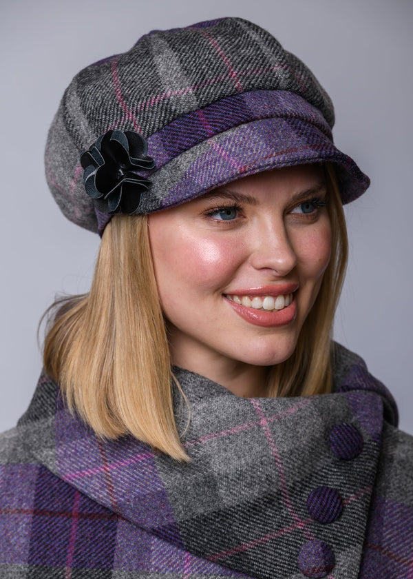Ladies Mucros Newsboy Cap | Premium Tweed Purple Check