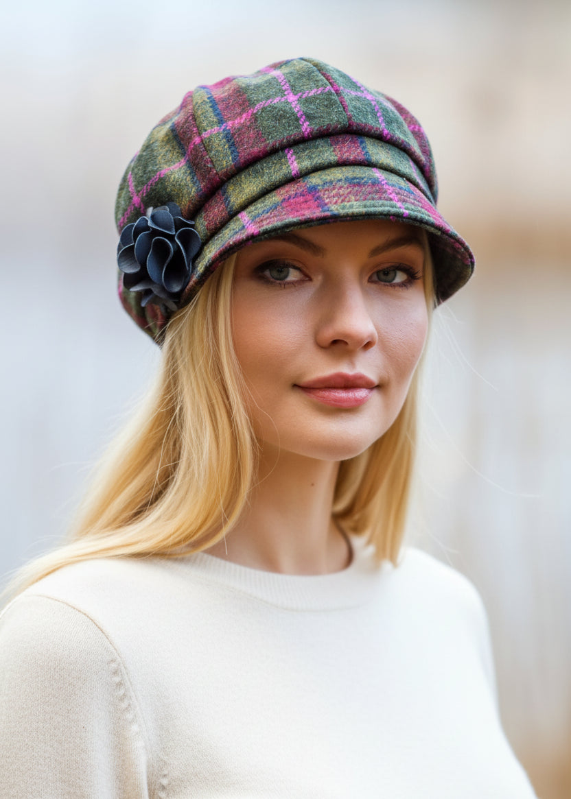 Mucros Newsboy Cap | Olive Pink Check