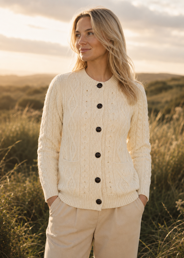 Ladies Aran Cardigan | 100% Wool | Natural