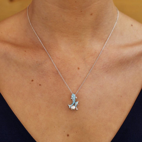 Mother Baby Dolphin Pearl Necklace With Swarovski Crystals