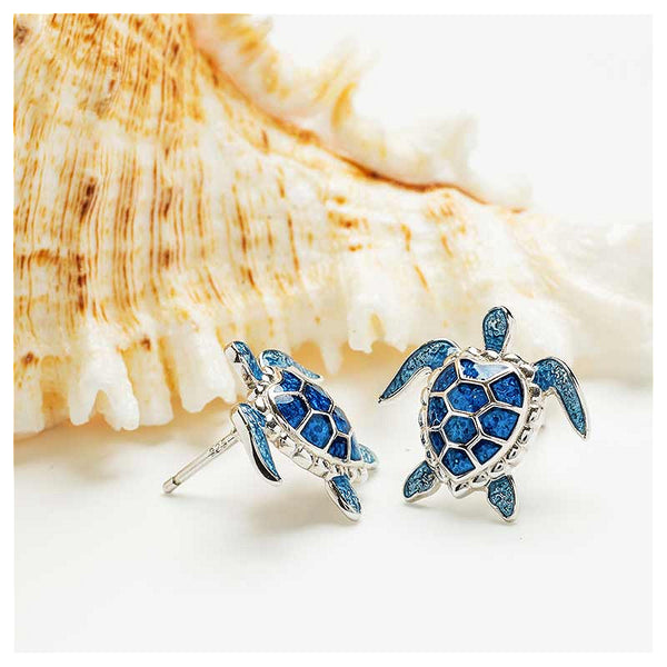 Stud Turtle Earrings With Blue Swarovski® Crystals