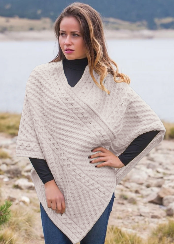 Aran Merino Wool V Poncho | Parsnip