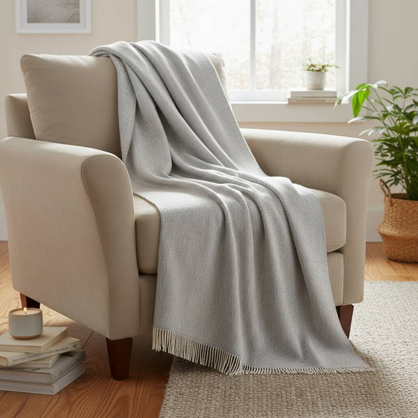 Oversize Merino Wool Cashmere Throw Pale Grey & Cream Herringbone