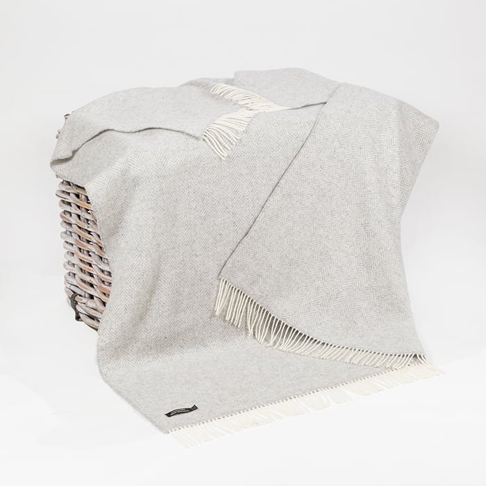 Oversize Merino Wool Cashmere Throw Pale Grey & Cream Herringbone