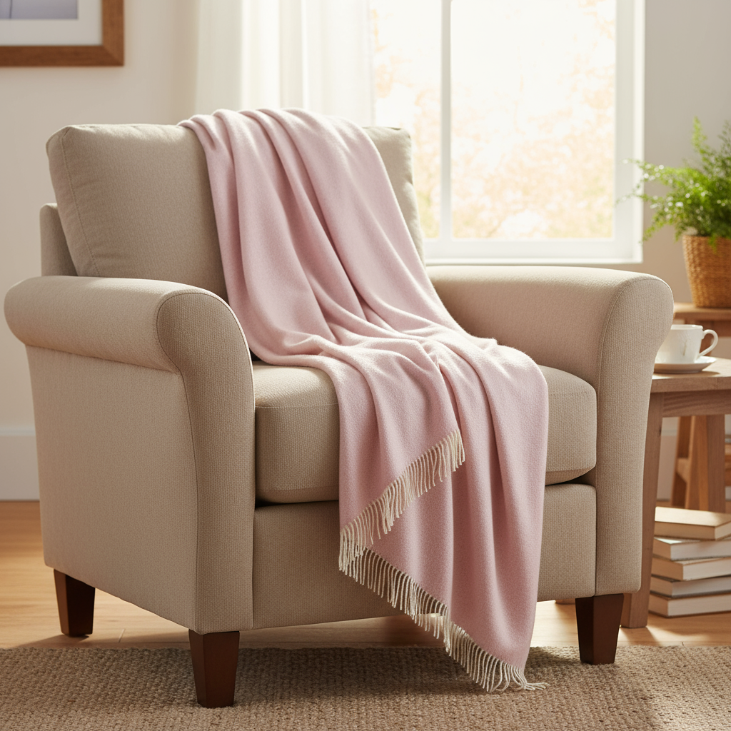 Oversize Merino Wool Cashmere Throw Baby Pink Herringbone
