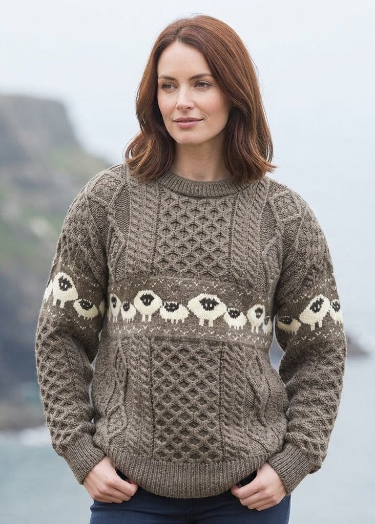 Oversized Aran Crew Neck Merino Wool Sheep Sweater | Brown