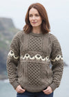 Oversized Aran Crew Neck Merino Wool Sheep Sweater | Brown