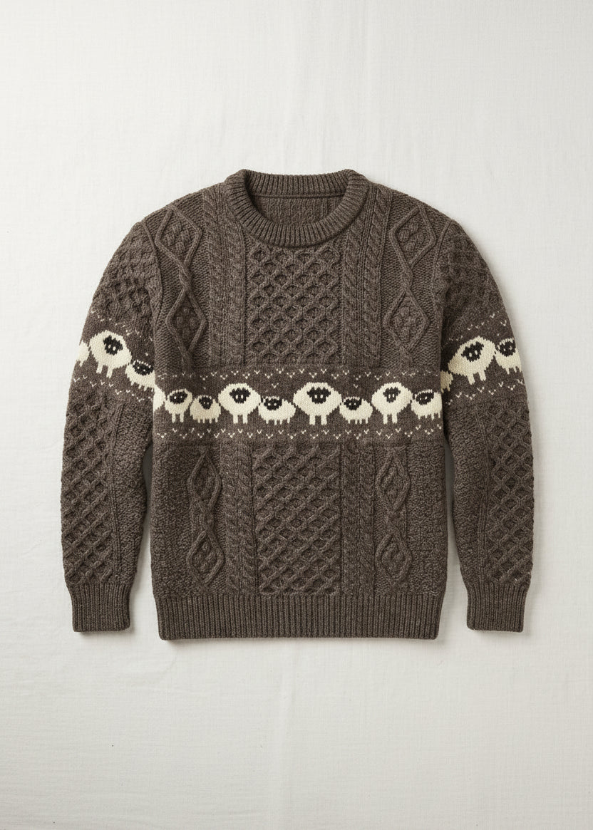 A brown cable-knit crewneck sweater featuring a horizontal band of cream-colored sheep with black faces across the chest and upper sleeves, laid flat on a light off-white background.