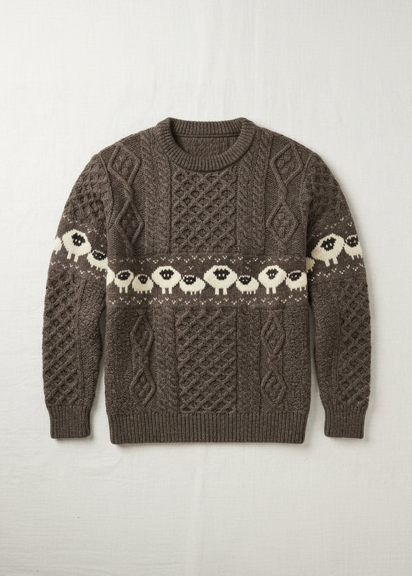 A brown cable-knit crewneck sweater featuring a horizontal band of cream-colored sheep with black faces across the chest and upper sleeves, laid flat on a light off-white background.