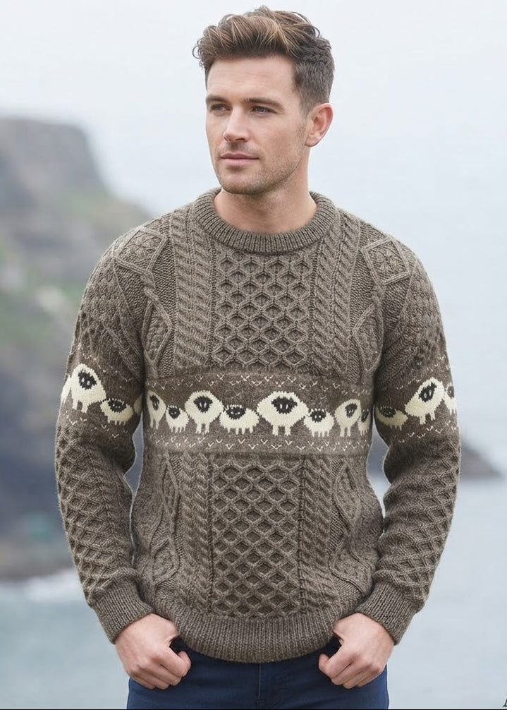 Oversized Aran Crew Neck Merino Wool Sheep Sweater | Brown
