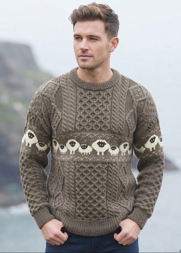 Oversized Aran Crew Neck Merino Wool Sheep Sweater | Brown