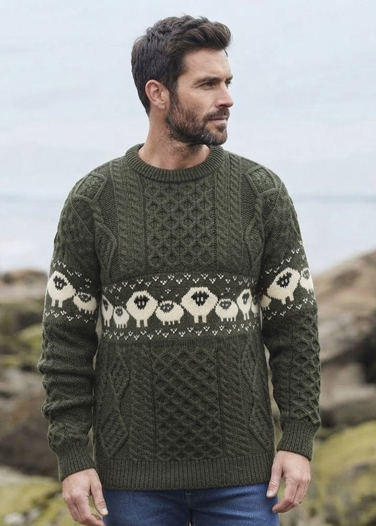 Oversized Aran Crew Neck Merino Wool Sheep Sweater | Green