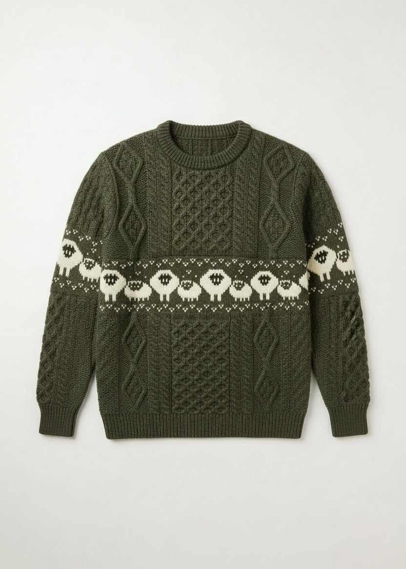 Oversized Aran Crew Neck Merino Wool Sheep Sweater | Green