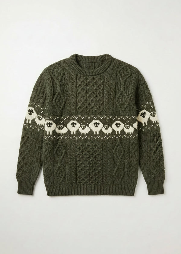 Oversized Aran Crew Neck Merino Wool Sheep Sweater | Green