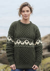 Oversized Aran Crew Neck Merino Wool Sheep Sweater | Green