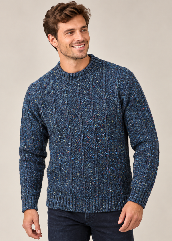 Men's 100% Merino Wool Fisherman Fleck Sweater | Blue Melange