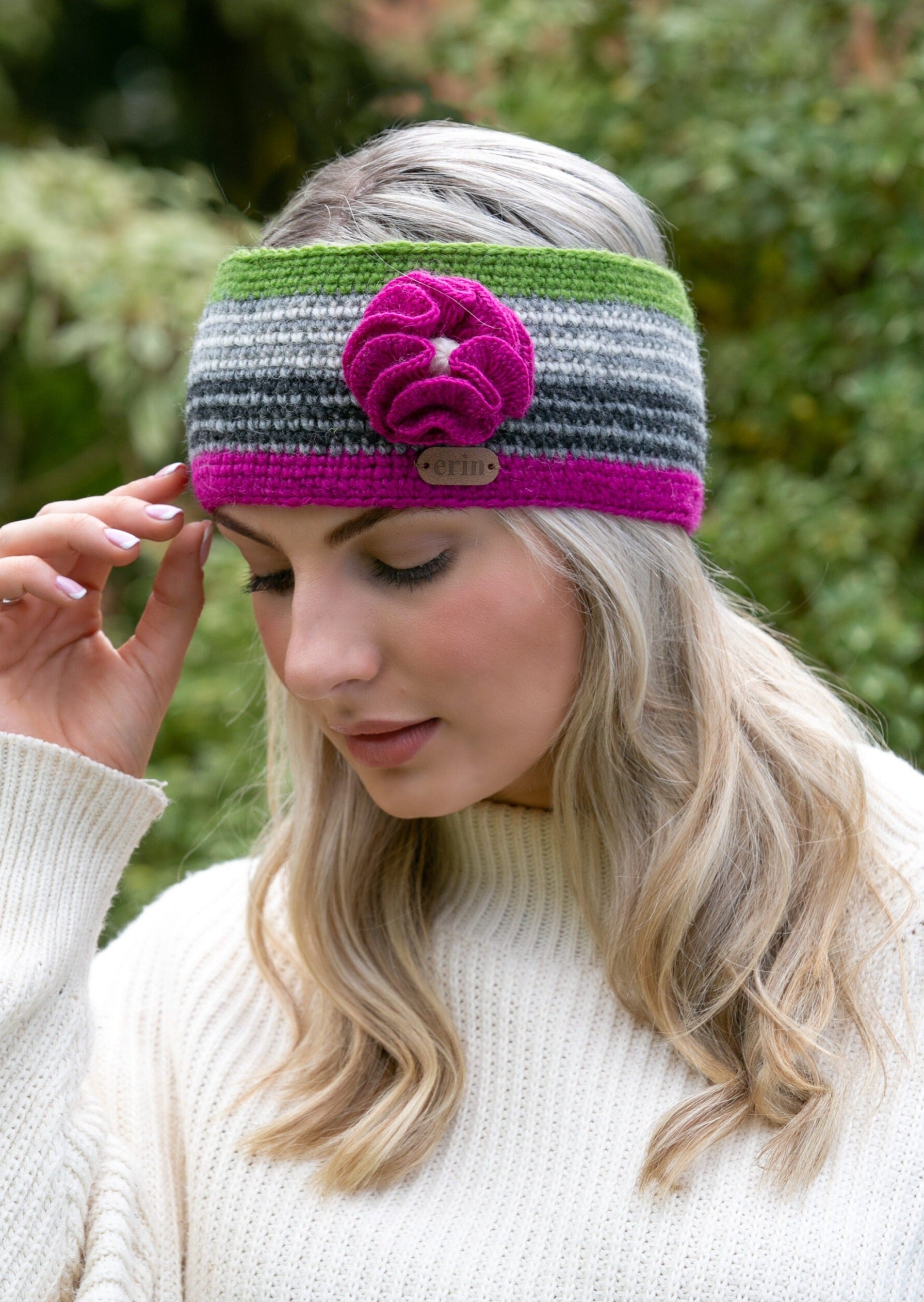 Crochet Headband with Flower Corsage Pink & Green