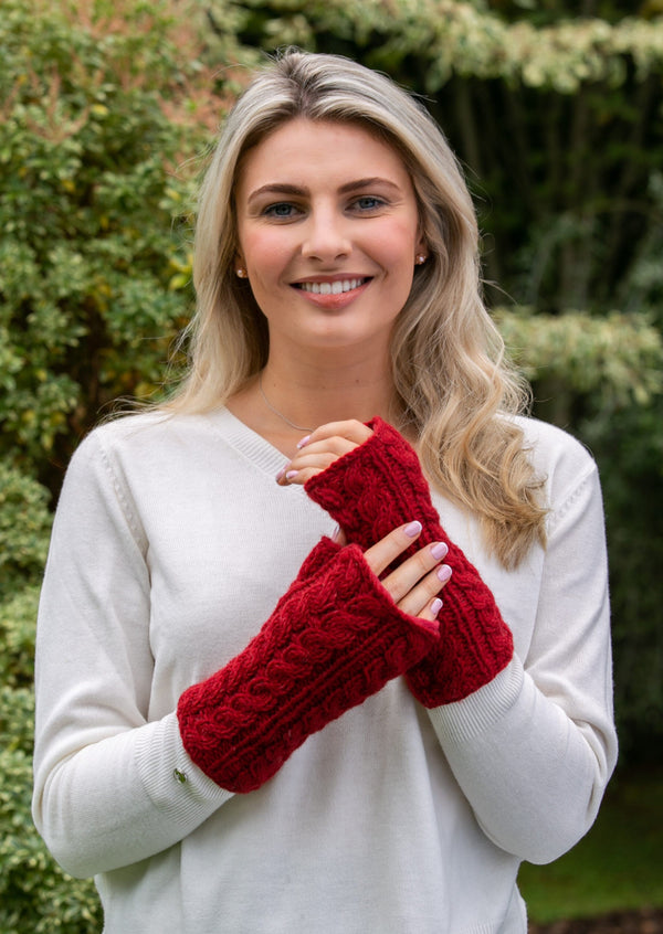 Aran Cable Handwarmers - Red
