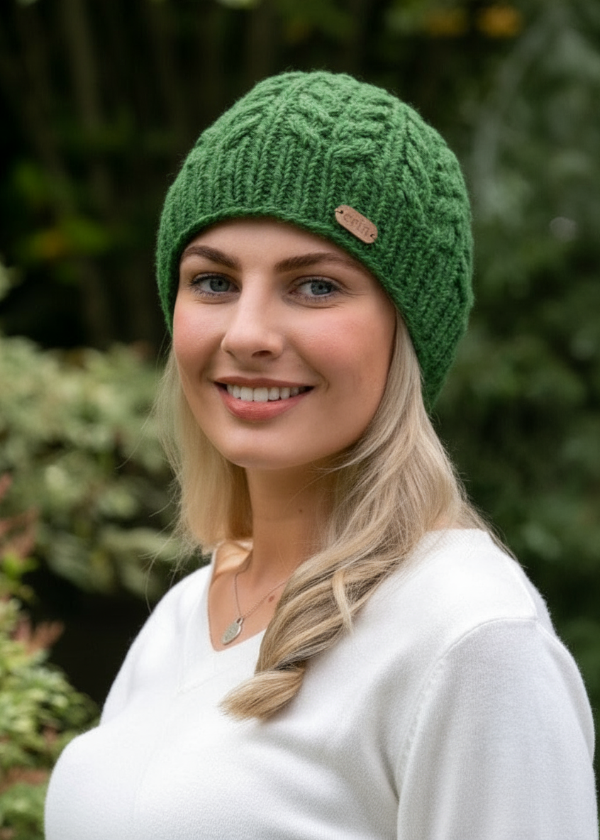 Erin Aran Cable Pullon Hat | Green