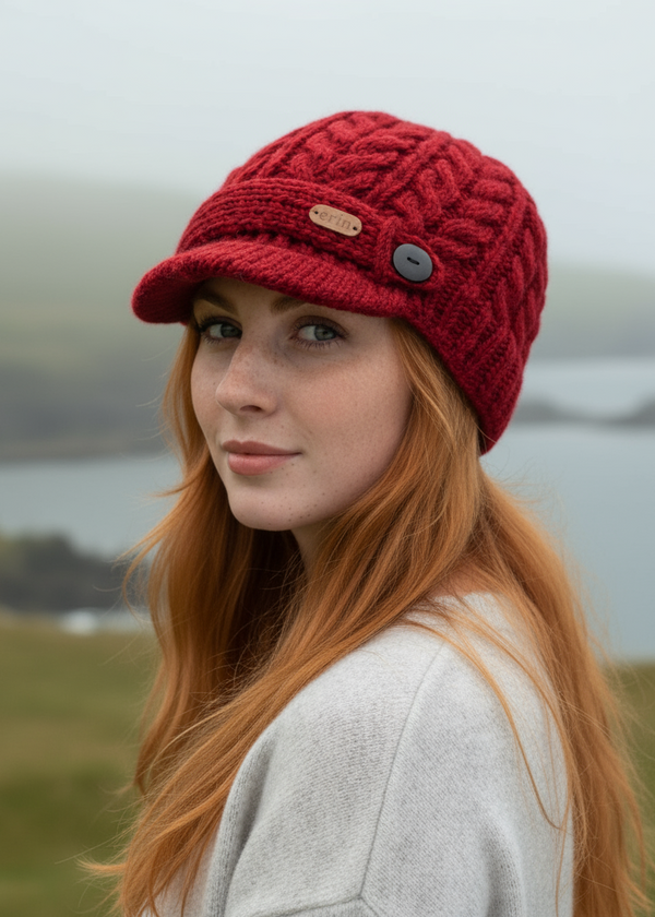 Erin Aran Cable Peak Hat | Red