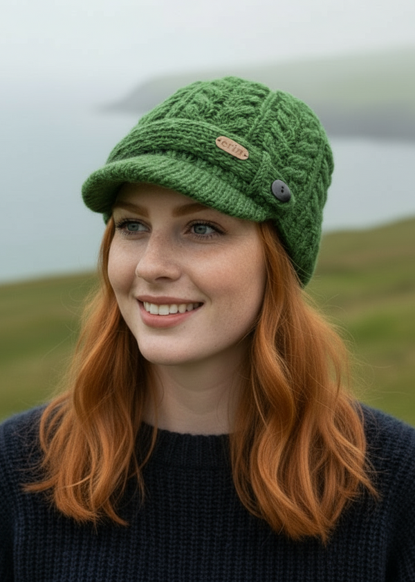 Erin Aran Cable Peak Hat | Green