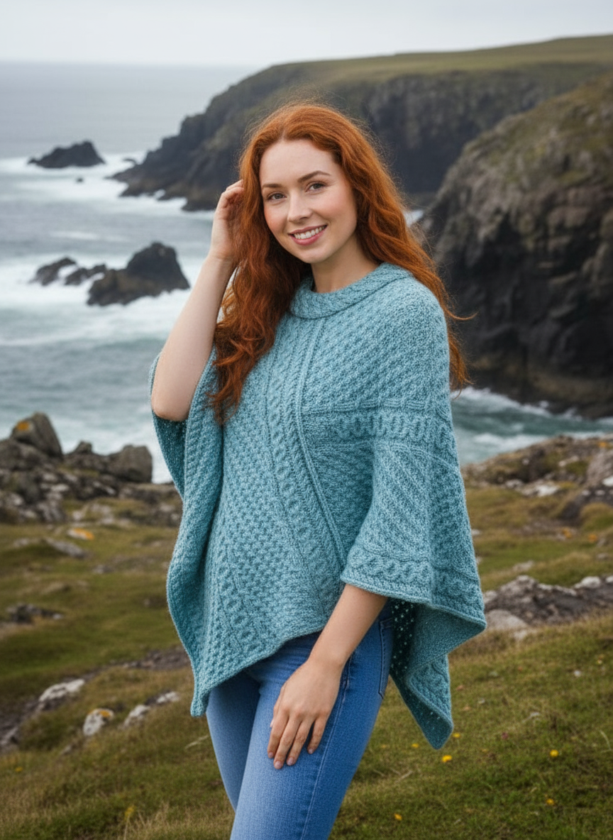 Aran Merino Wool Cowl Poncho | Aqua - Clearance