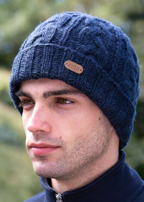 Erin Aran Cable Turnup Hat | Navy Blue Wool
